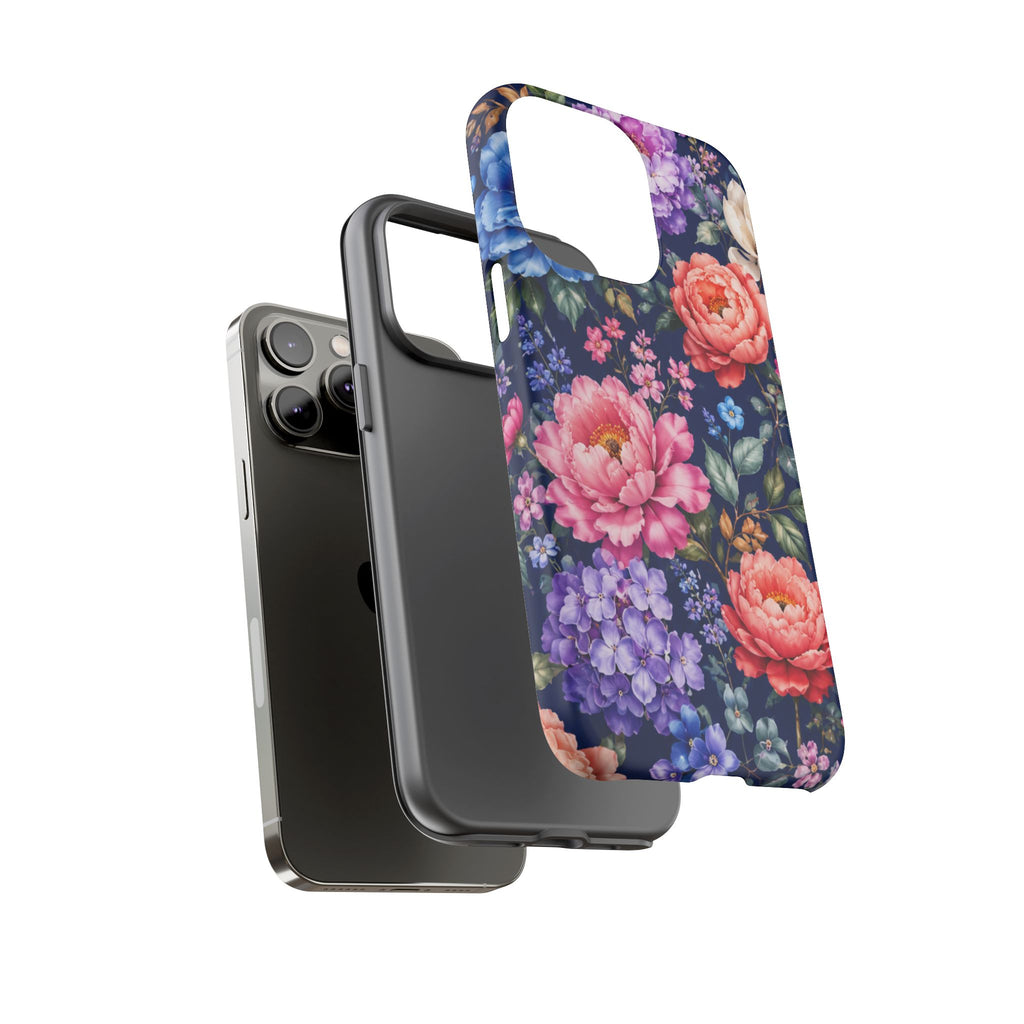 Floral Tough Phone Case – Vibrant Garden Flowers on Navy