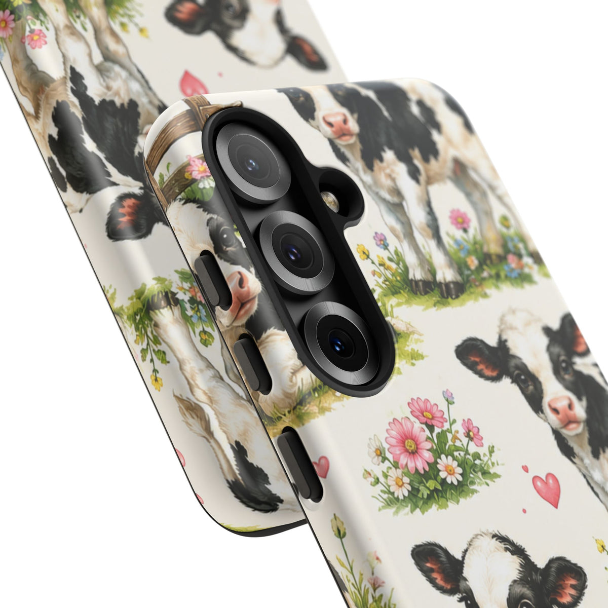 Cute Calf Pattern Phone Case – Pastel Cow Hearts & Flowers Protective Cover