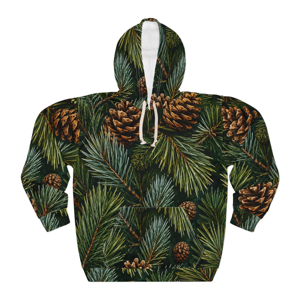 Pinecone Pine Needle All-Over Print Hoodie — Cozy Woodland Winter Pullover