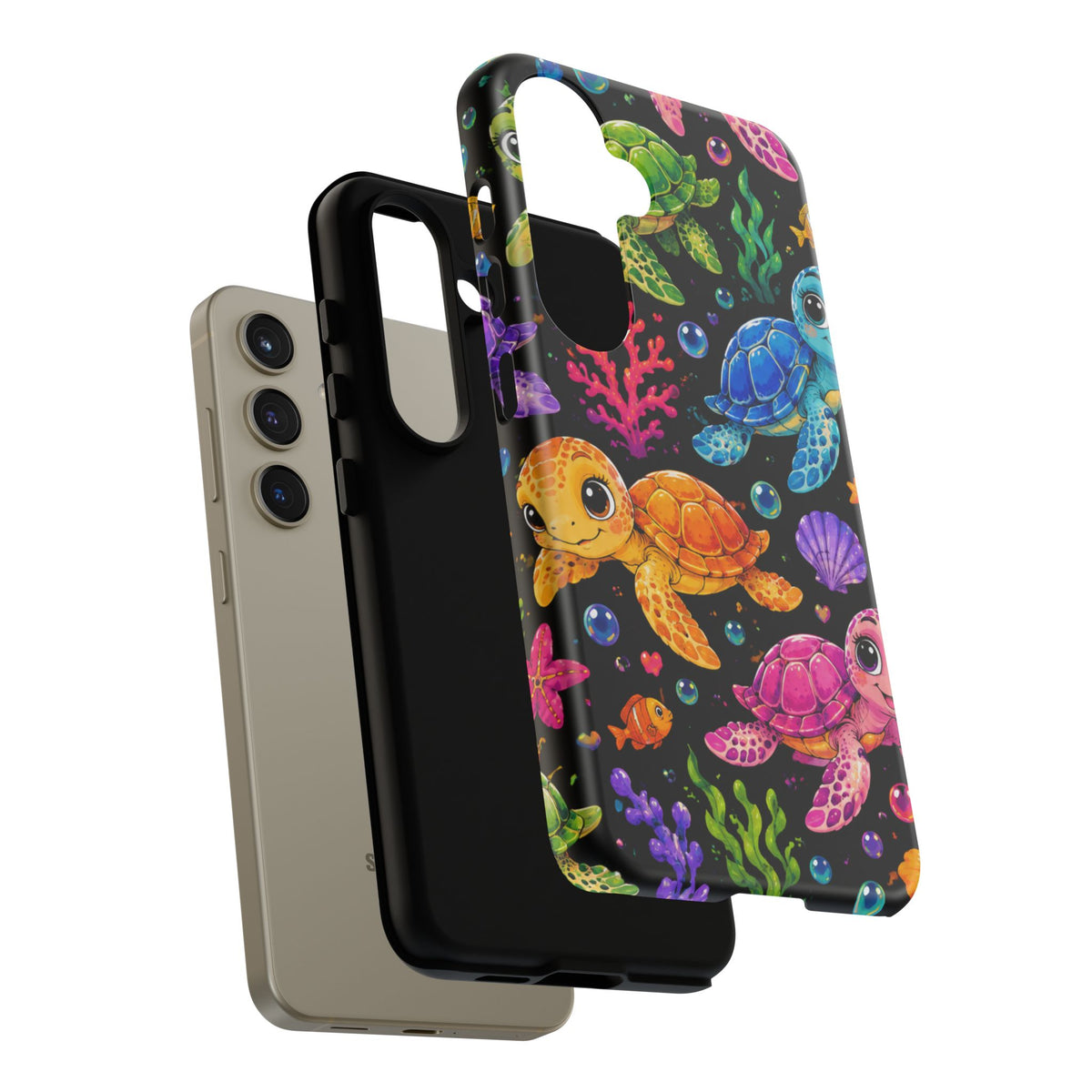 Phone Case — Colorful Cute Sea Turtles on Black (Protective Smartphone Cover)