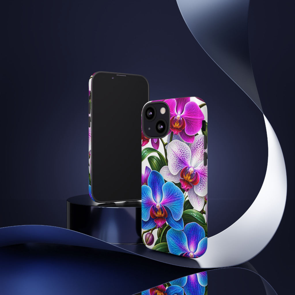 Orchid Floral Tough Phone Case – Vibrant Blue & Pink Orchid Protective Cover