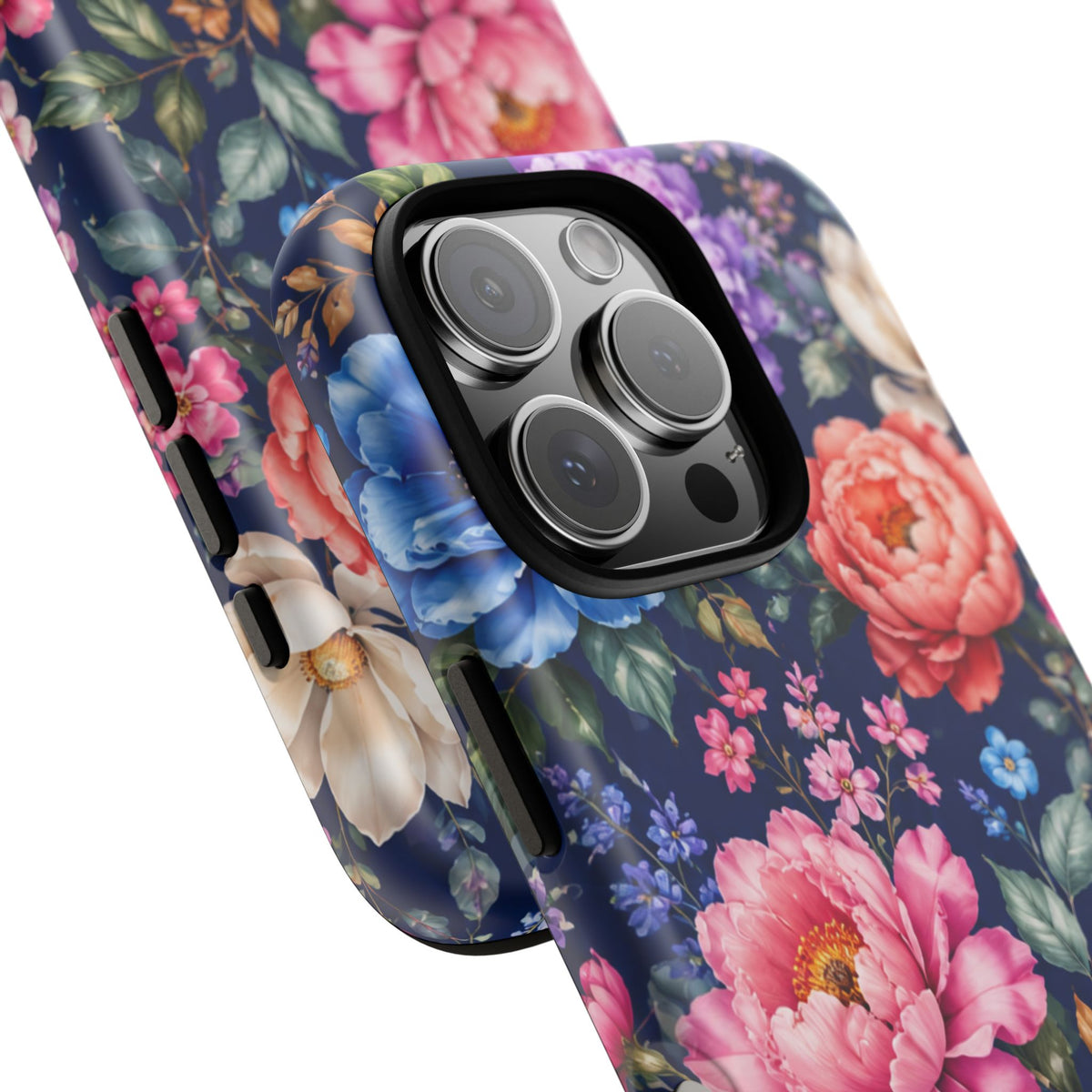 Floral Tough Phone Case – Vibrant Garden Flowers on Navy
