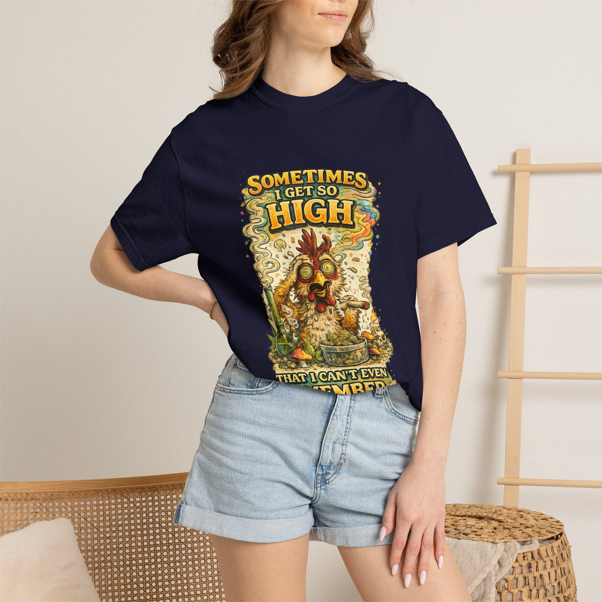 Sometimes I Get So High chicken illustration T-shirt | psychedelic farm design