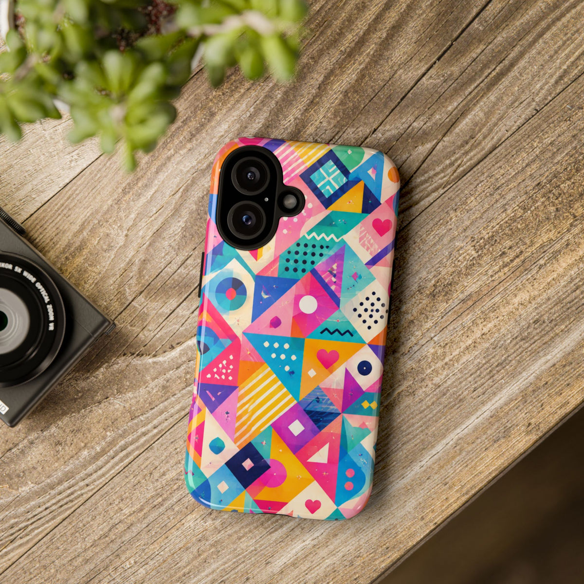 Colorful Geometric Tough Phone Case — Bright Abstract Heart & Triangle Pattern