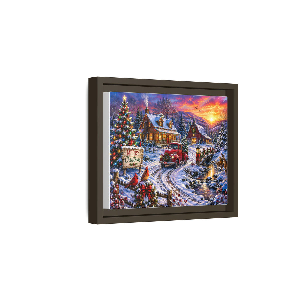 Cozy Vintage Christmas Truck Framed Canvas – "Merry Christmas" Winter Cabin Scene