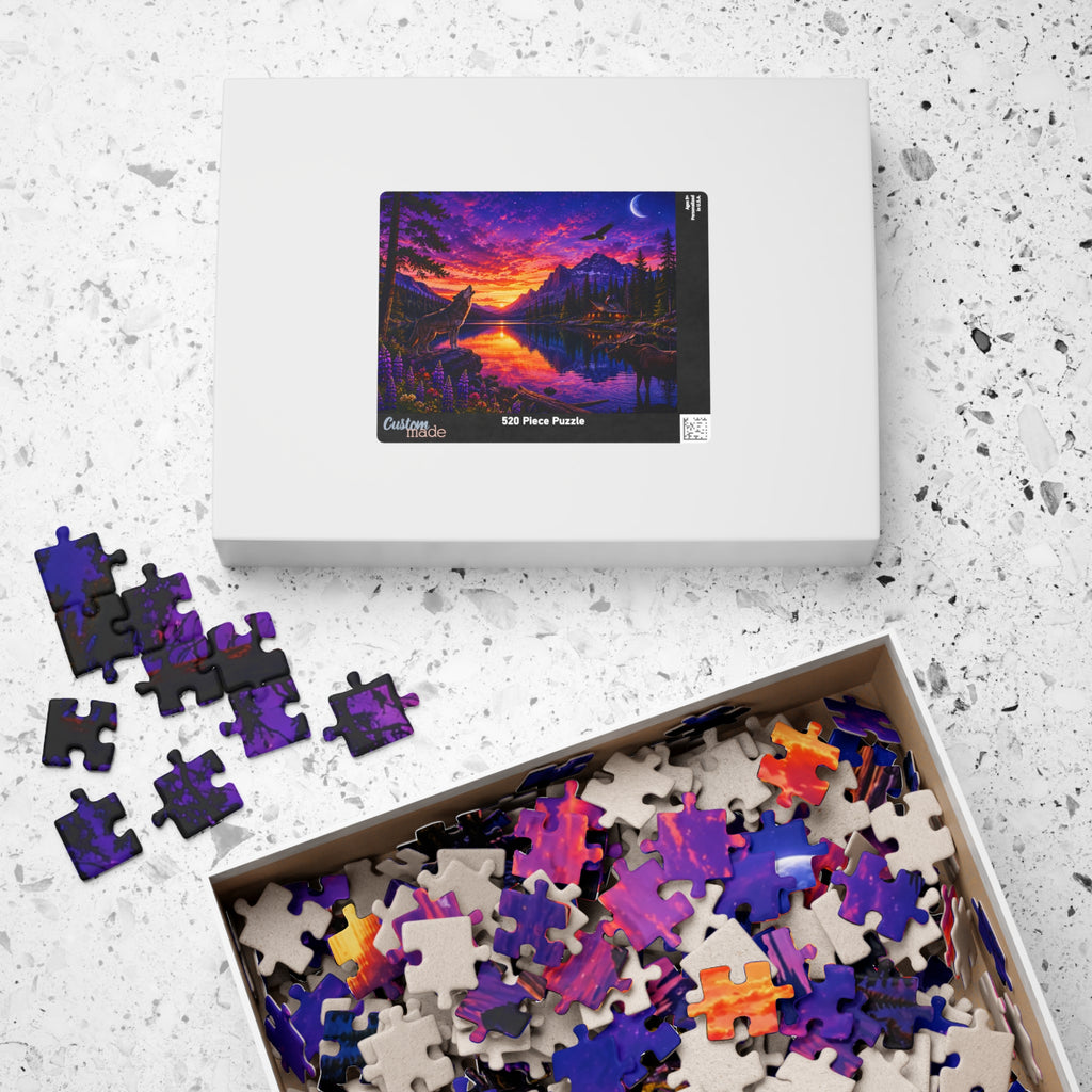 Sunset Wolves Lake Puzzle — Scenic Mountain Landscape Jigsaw (110–1014 pcs)