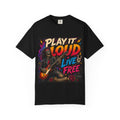 Play It Loud Live Free T-shirt | Rock Guitar Skeleton Design