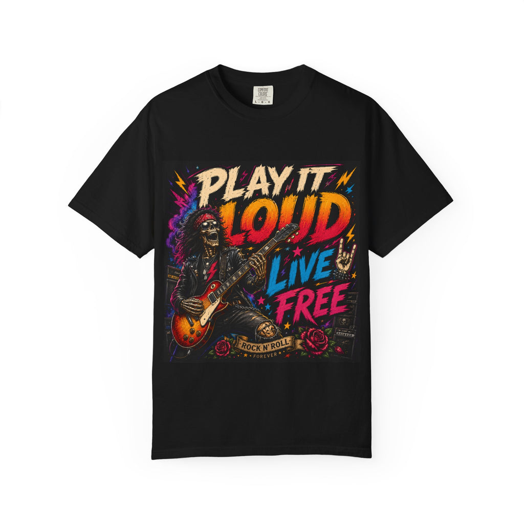Play It Loud Live Free T-shirt | Rock Guitar Skeleton Design