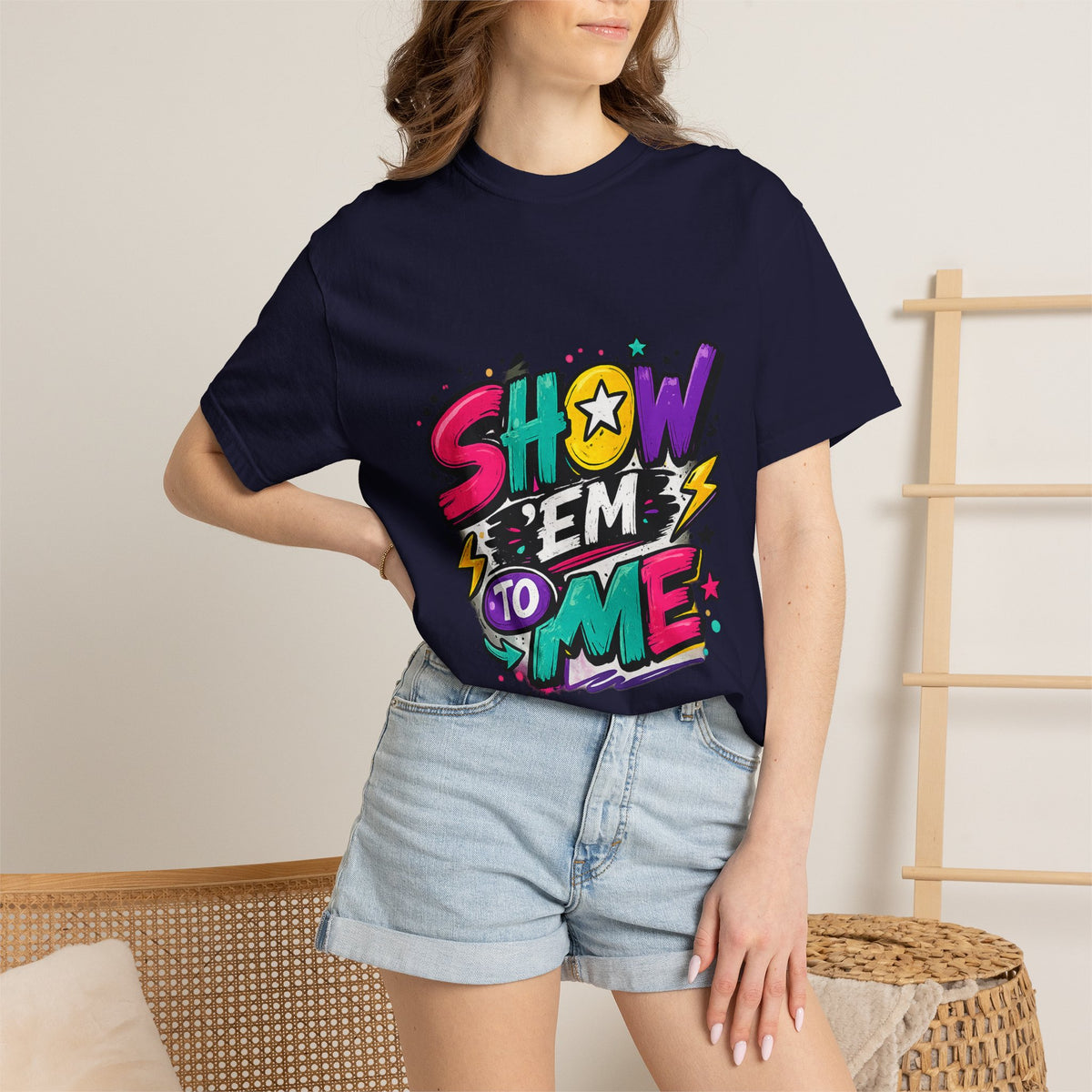 Show 'Em to Me bold pop art design T-shirt | colorful graphic tee