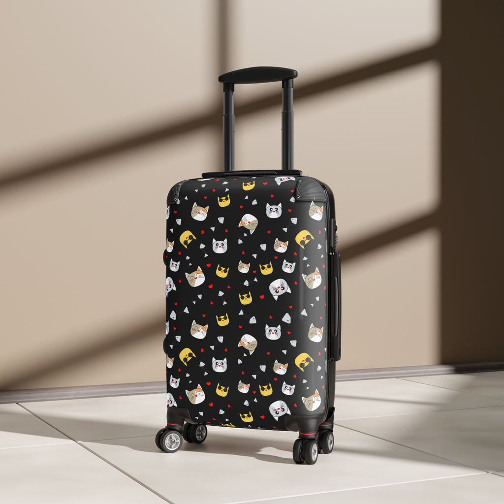 Cat Crown Print Suitcase — Cute Black Travel Luggage with Emoji Cat Pattern