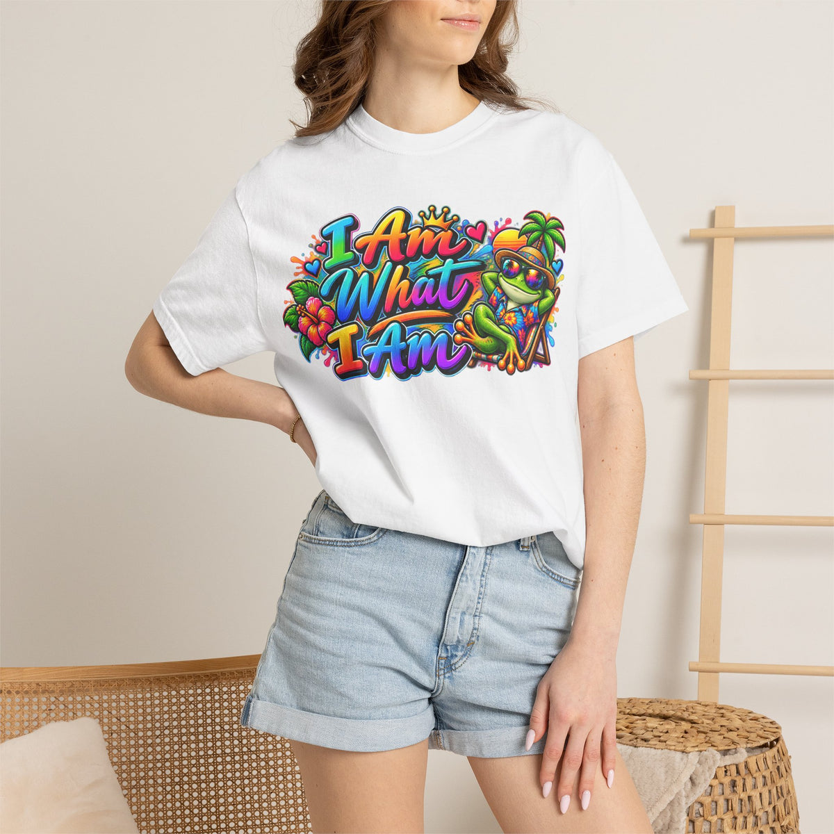 T-Shirt — "I Am What I Am" Colorful Tropical Frog Graphic Tee