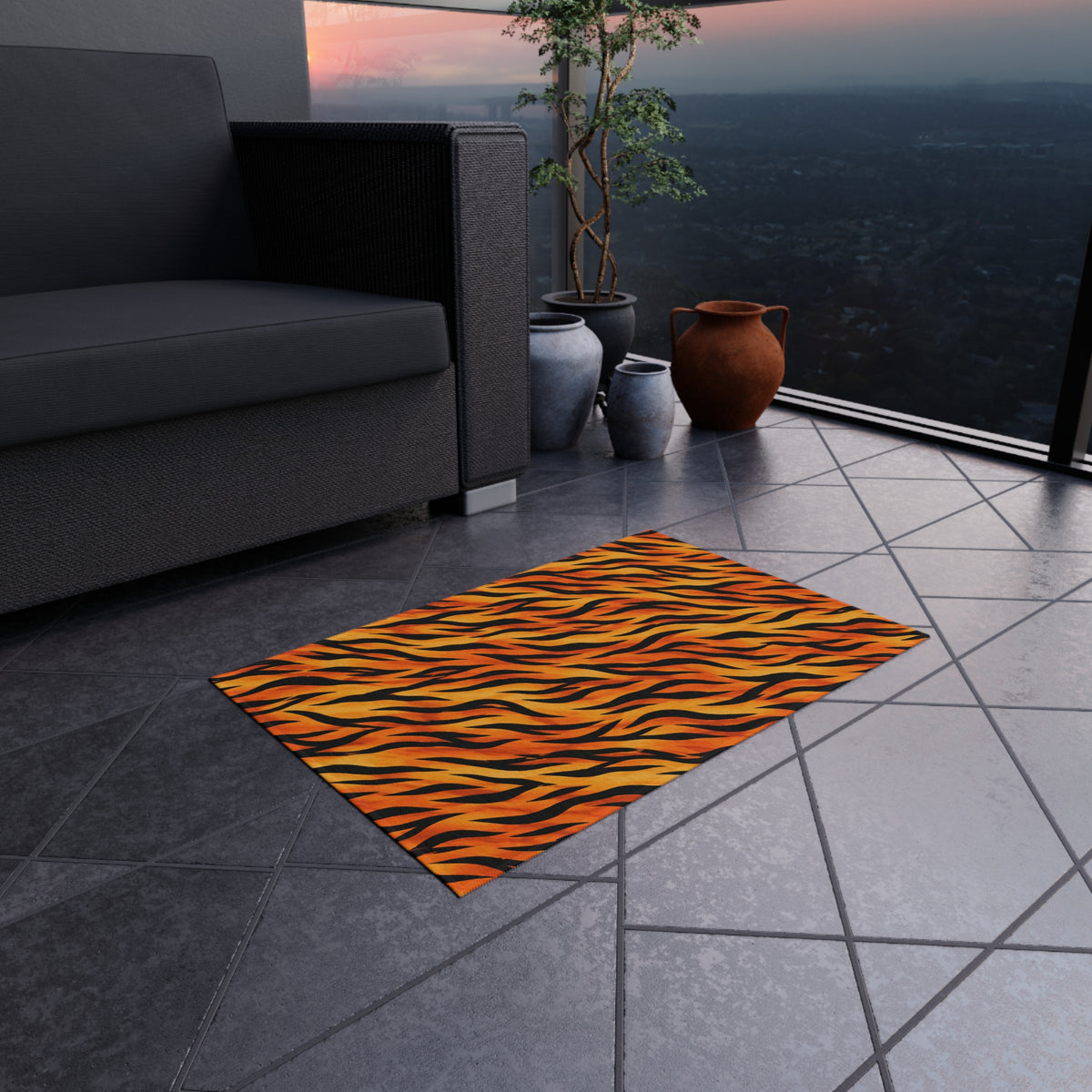 Tiger Stripe Outdoor Rug — Bold Orange Animal Print Patio Mat