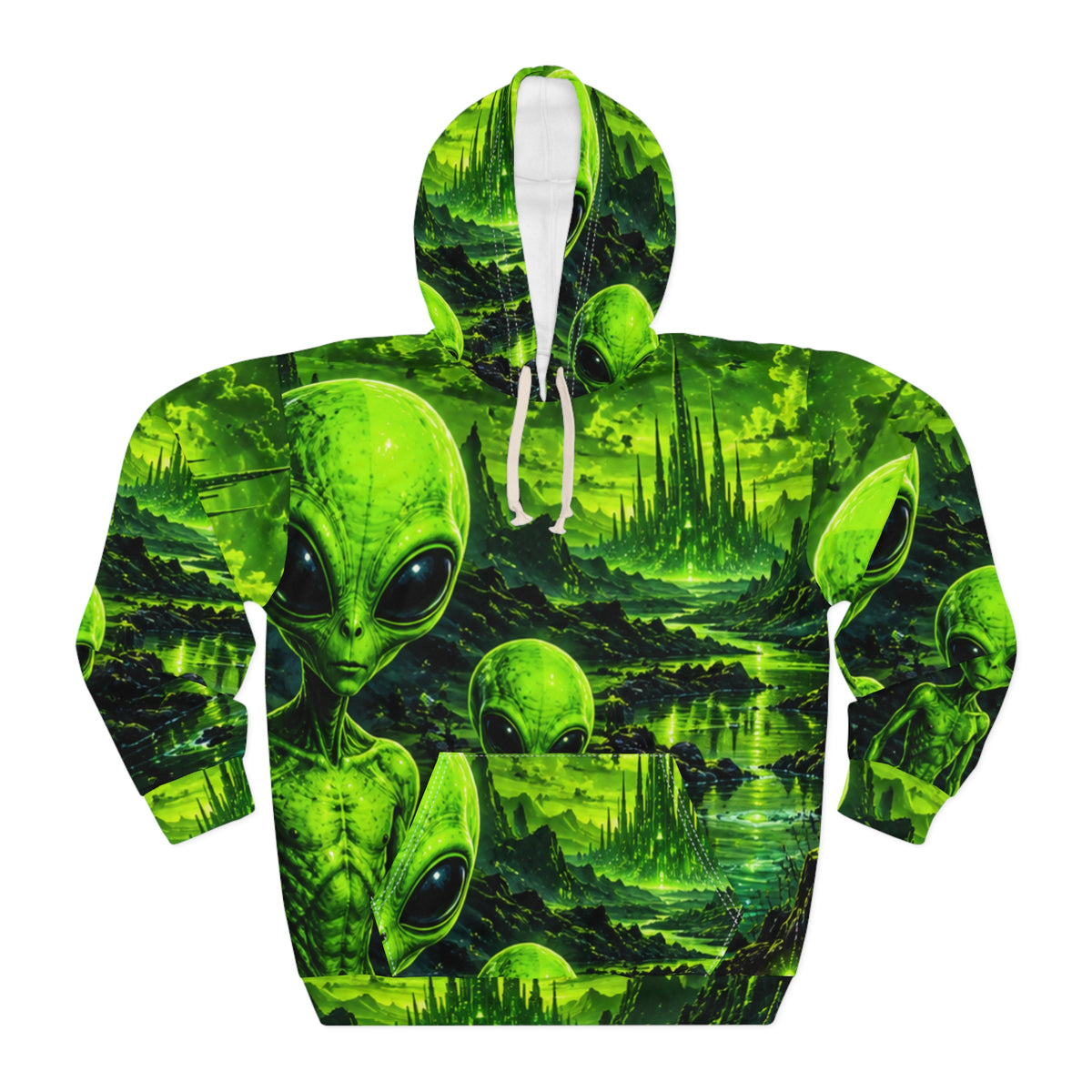 Alien Landscape Hoodie — Neon Green Extraterrestrial All-Over Print