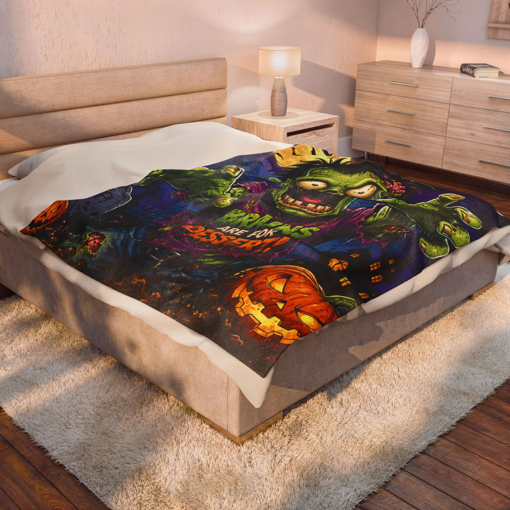 Zombie Plush Blanket – "Brains Are For Dessert!" Halloween Velveteen Throw