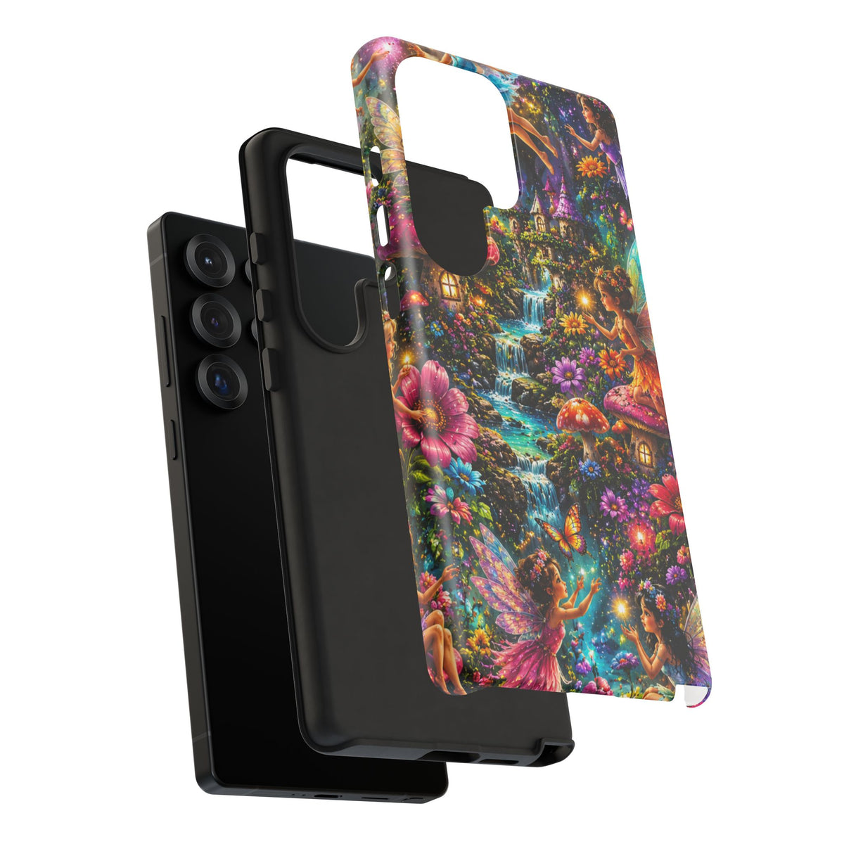 Fairy Garden Tough Phone Case — Whimsical Cottage, Waterfall & Mushroom Artwork