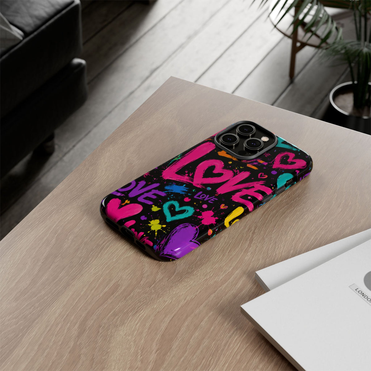 Phone Case — Neon Graffiti "Love" Hearts Protective Tough Case