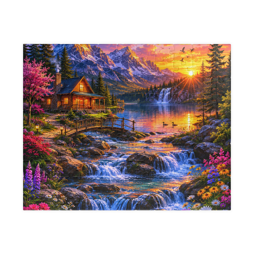 Lakeside Cabin Sunset Puzzle 520-Piece | Scenic Mountain Jigsaw