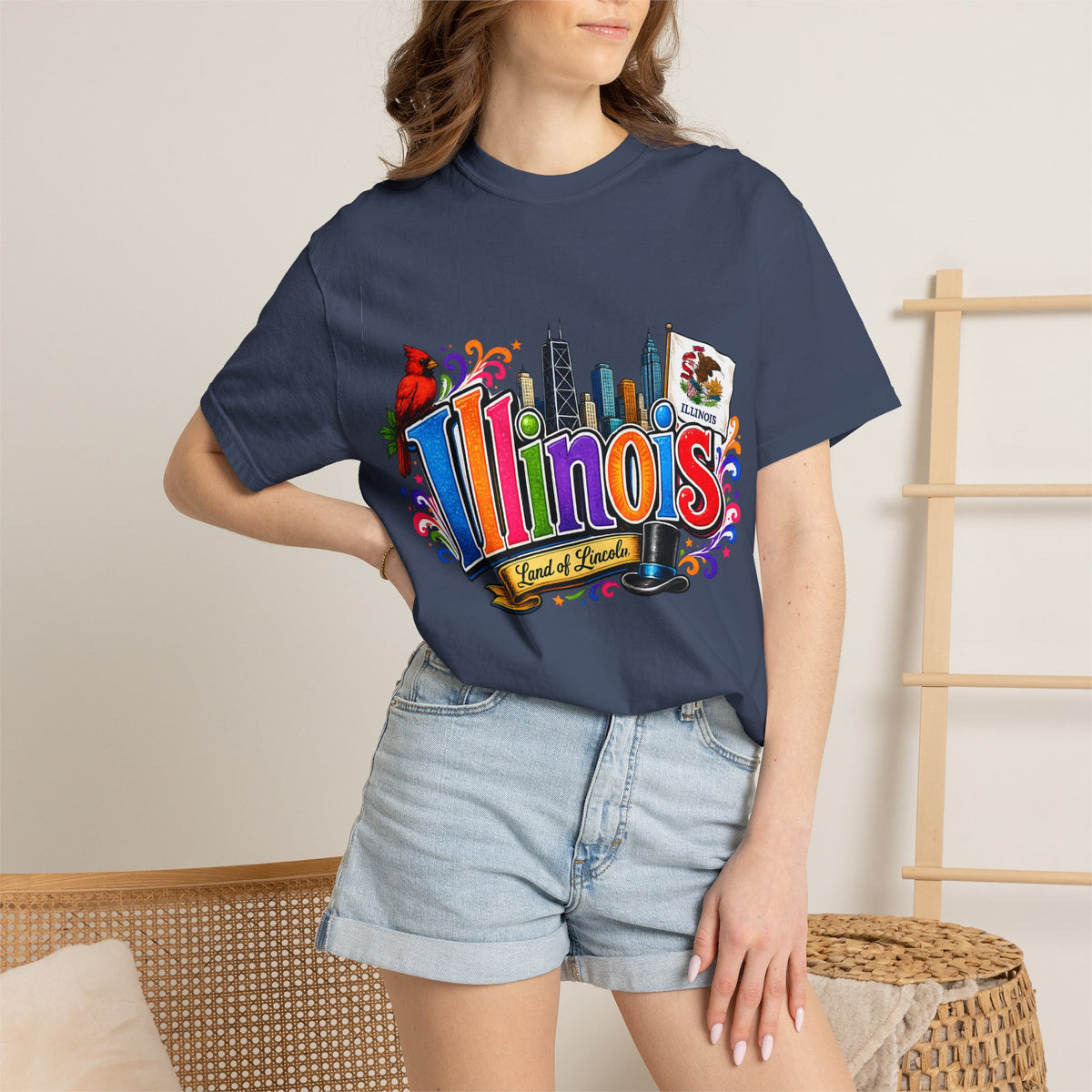 Illinois state skyline tee | Illinois T-shirt with cardinal and state flag