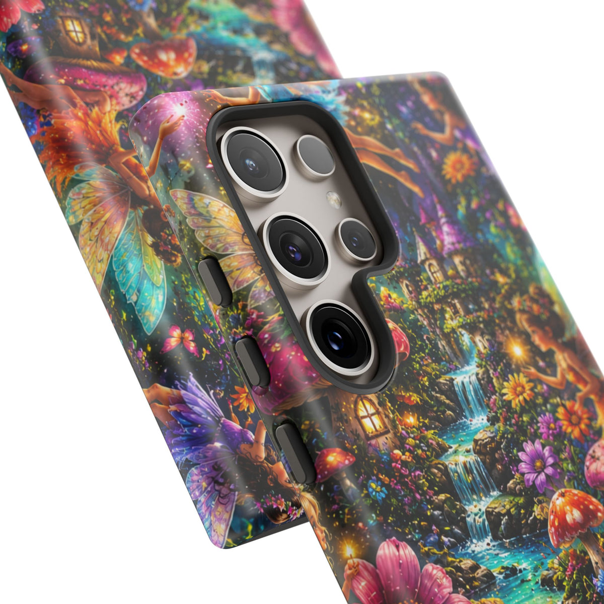 Fairy Garden Tough Phone Case — Whimsical Cottage, Waterfall & Mushroom Artwork