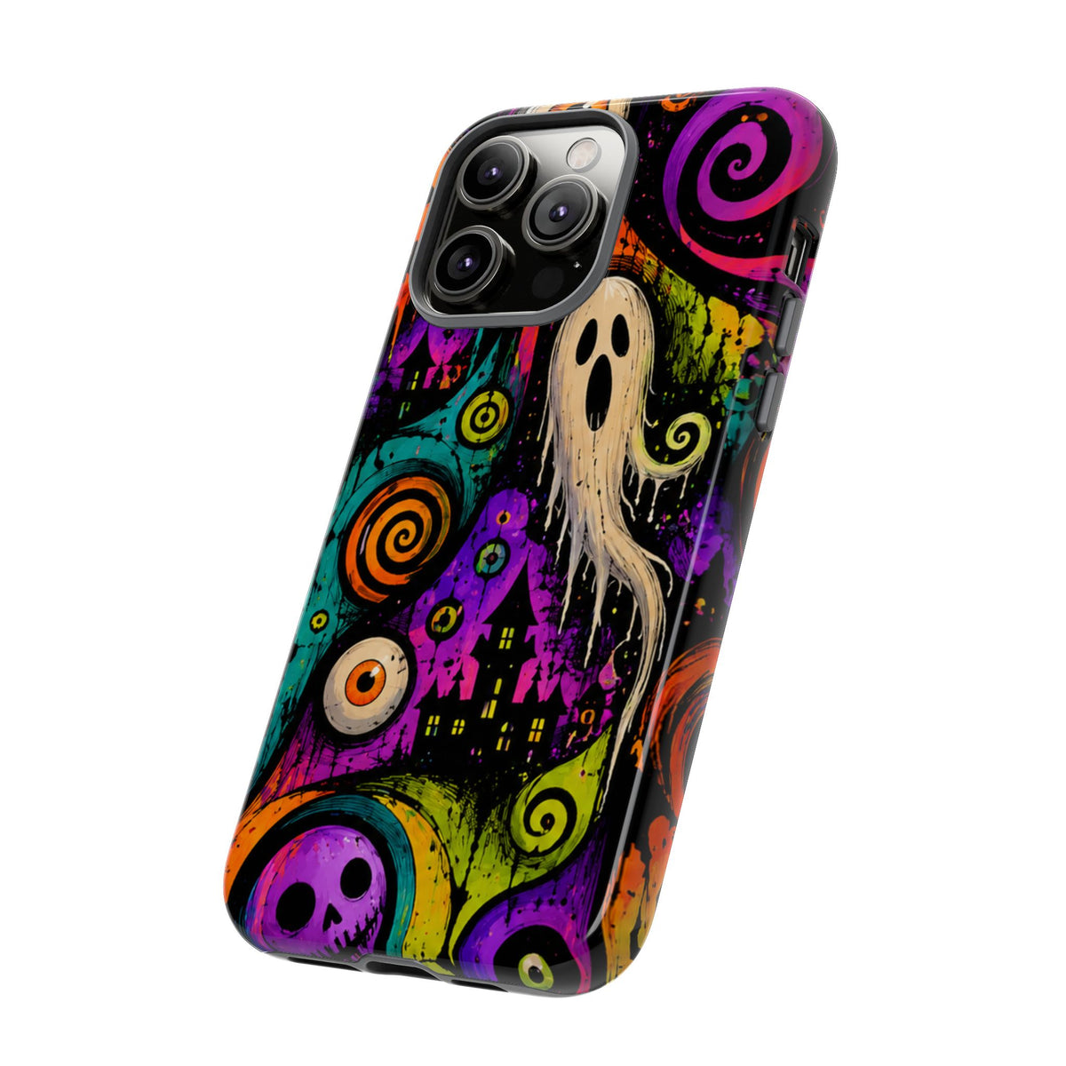 Halloween Ghost Phone Case — Colorful Spooky Skull & Haunted House Tough Case