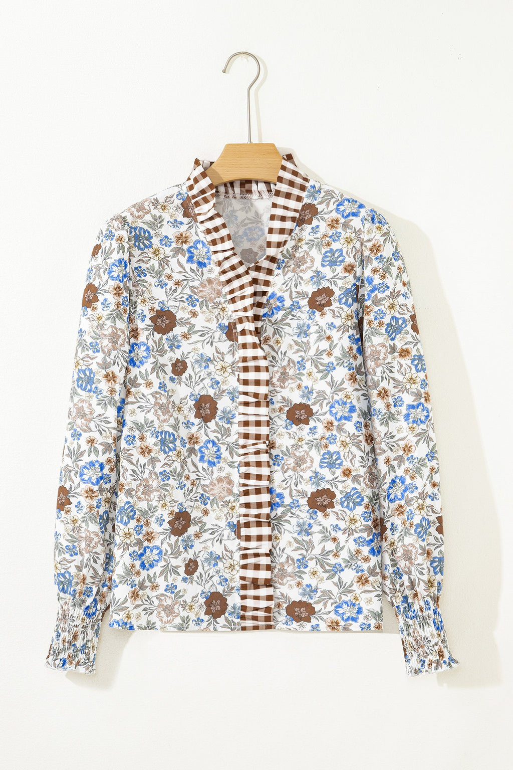 Floral Gingham Plaid Frilled Trim Long Sleeve Blouse