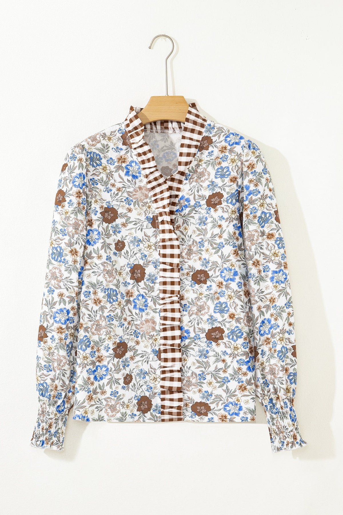Floral Gingham Plaid Frilled Trim Long Sleeve Blouse