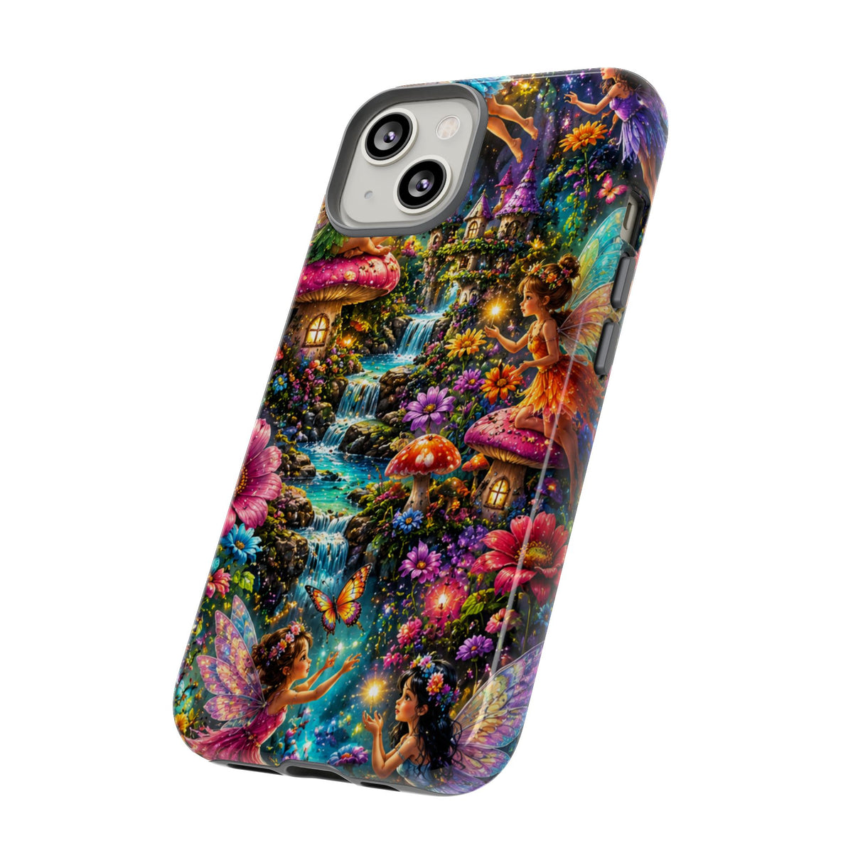 Fairy Garden Tough Phone Case — Whimsical Cottage, Waterfall & Mushroom Artwork