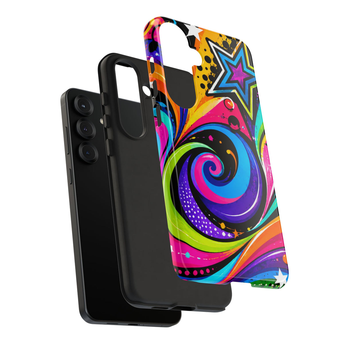 Psychedelic Swirl Phone Case — Bold Retro Stars & Neon Pop Art Tough Case