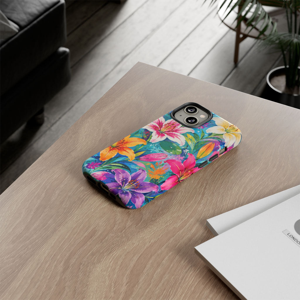 Floral Lily Tough Phone Case — Colorful Tropical Flower Protective Cover