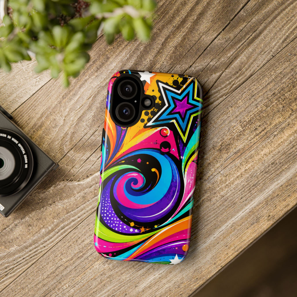 Psychedelic Swirl Phone Case — Bold Retro Stars & Neon Pop Art Tough Case