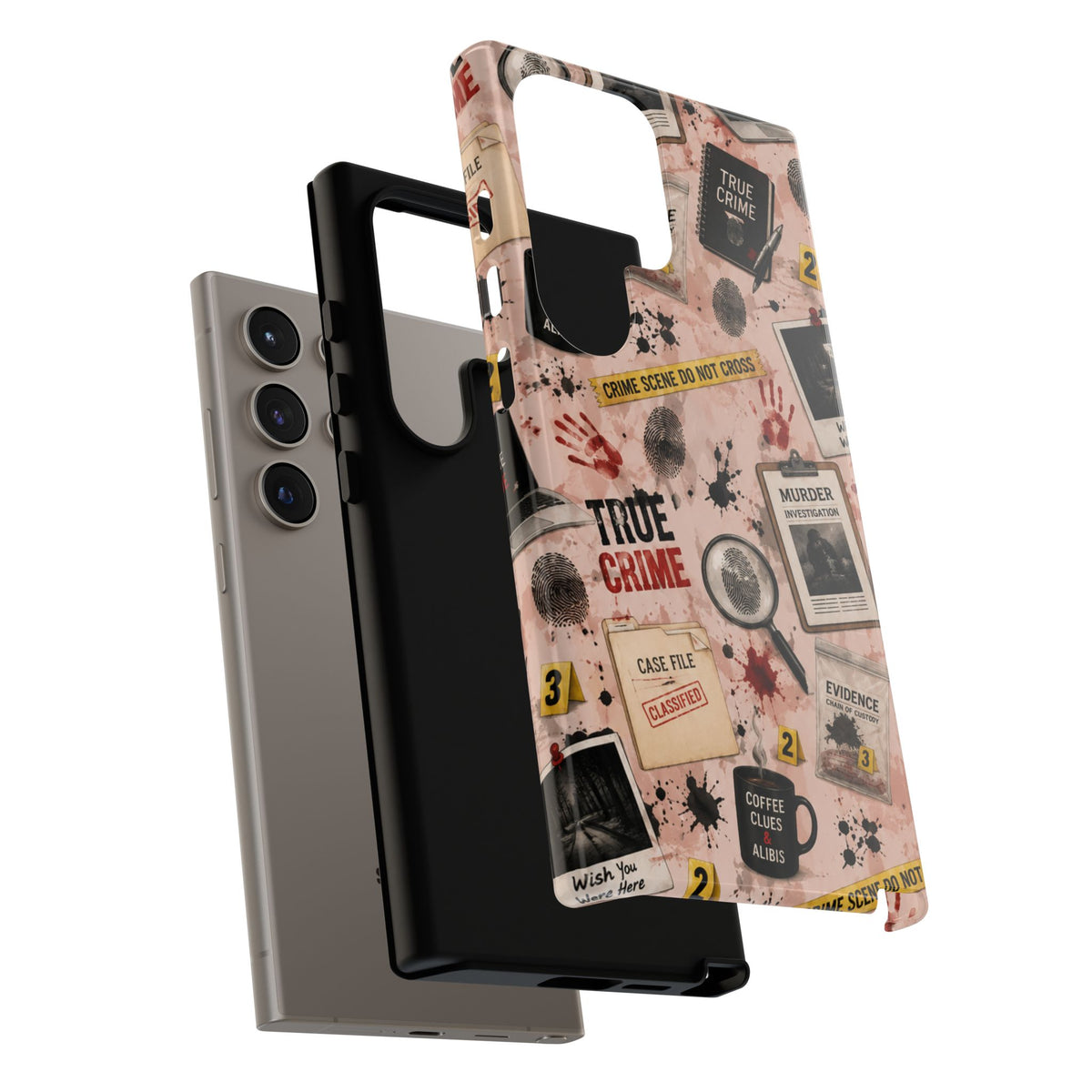 True Crime Pattern Phone Case – Detective Evidence, Crime Scene Tape & 'True Crime' Design