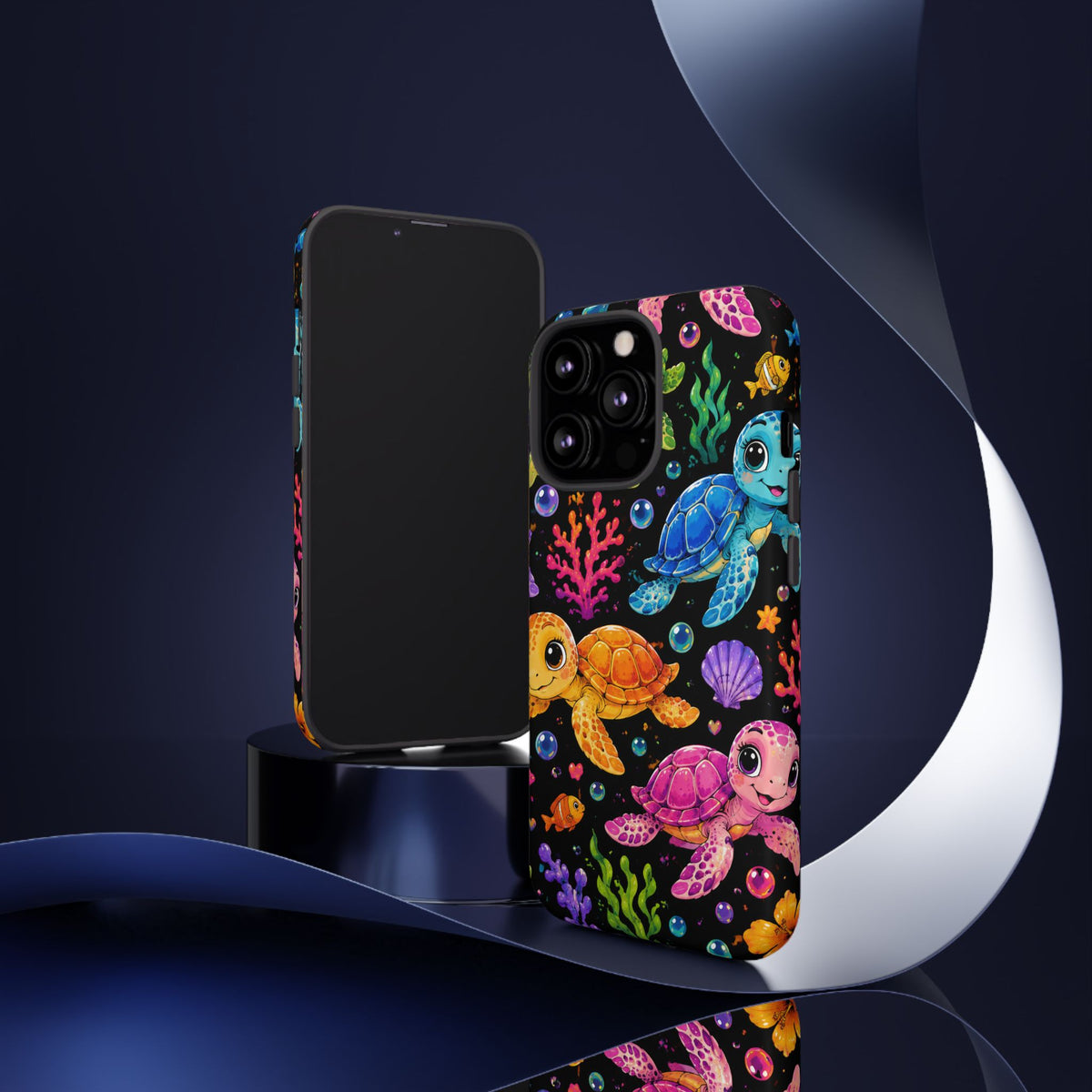 Phone Case — Colorful Cute Sea Turtles on Black (Protective Smartphone Cover)