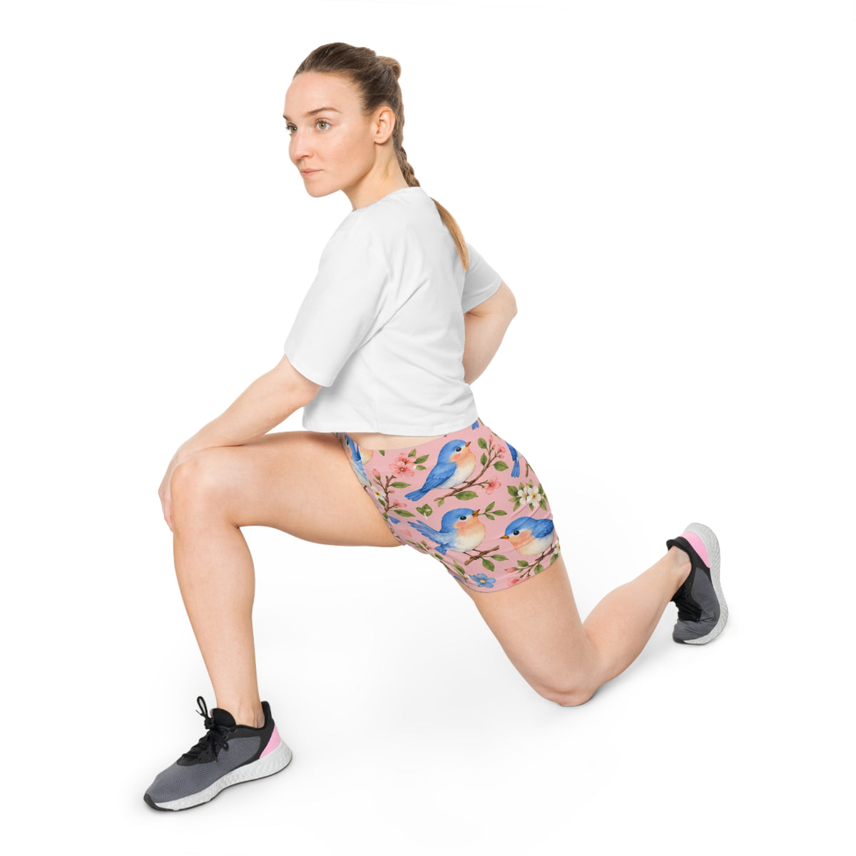 Bluebird Floral Pattern Women's Shorts | Pink Spring Bird Design