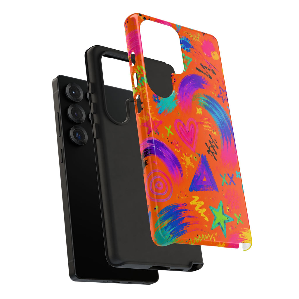 Colorful Neon Doodle Phone Case — Bright Abstract Stars & Hearts Tough Case