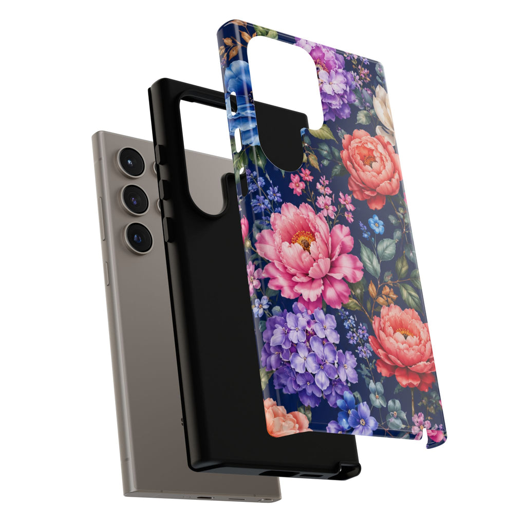 Floral Tough Phone Case – Vibrant Garden Flowers on Navy