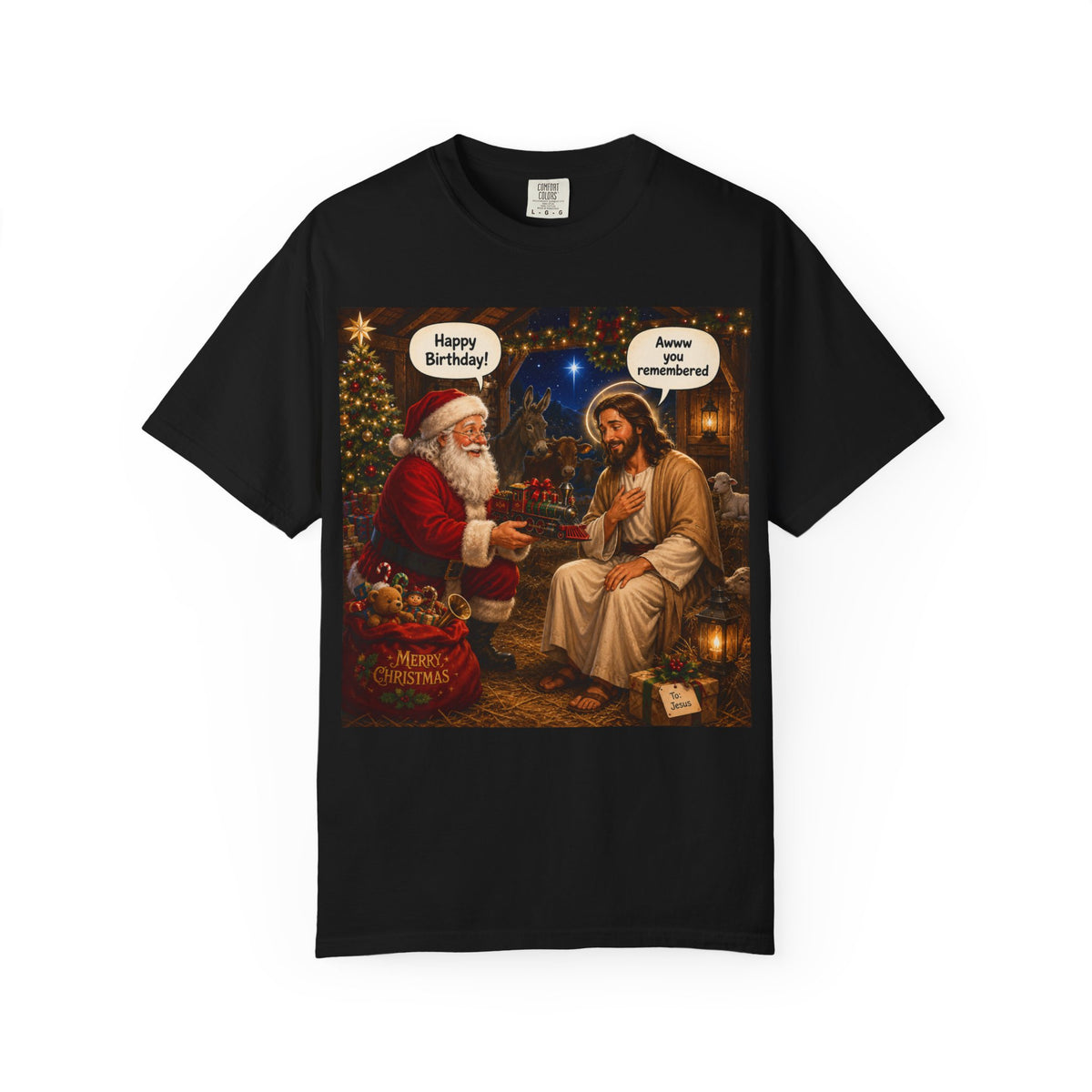 Christmas T-Shirt — Santa & Jesus 'Happy Birthday!' Vintage Nativity Holiday Tee