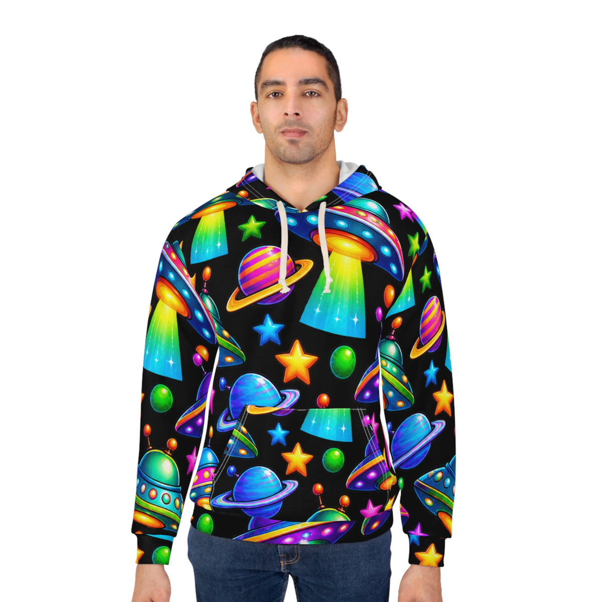 Neon UFOs & Planets Hoodie — All-Over Print Cosmic Alien Pullover