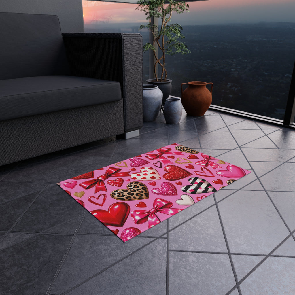 Valentine Hearts Outdoor Rug — Pink Bow & Leopard Accent Doormat