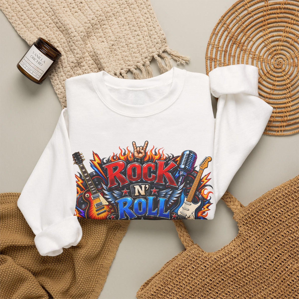 Rock 'N' Roll Graphic Sweatshirt — Retro Guitar Band Crewneck