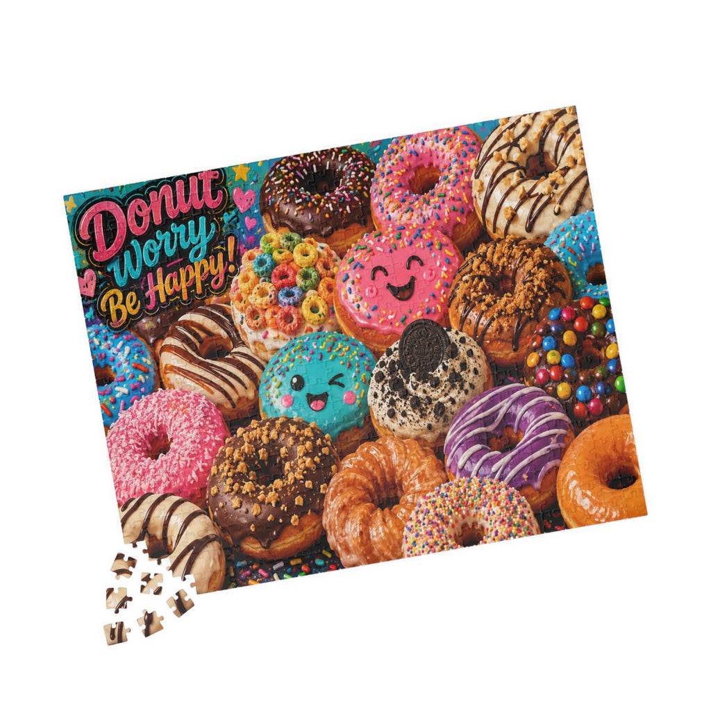 Donut Worry Be Happy Puzzle — Colorful Donut Jigsaw (110–1014 Pieces)
