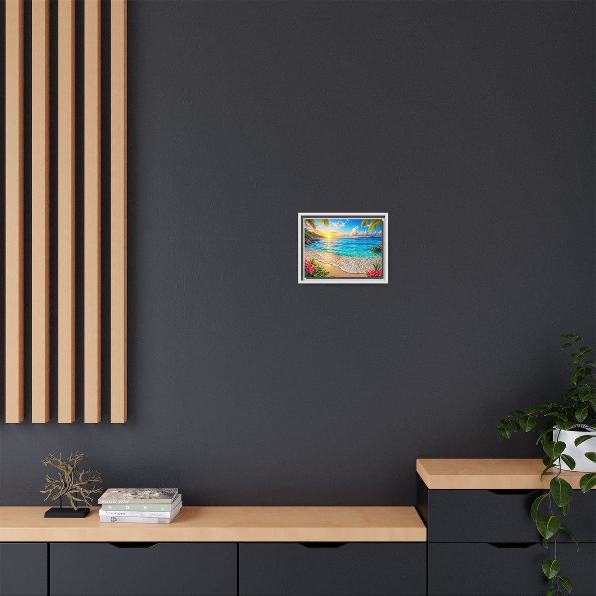 Framed Beach Sunset Matte Canvas Wall Art — Tropical Ocean Sunrise Decor