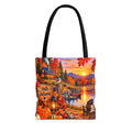 Autumn Lakeside Tote Bag — "Hello Autumn" Fall Cabin Sunset Design
