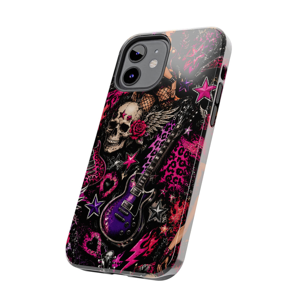 Rock Skull Guitar Phone Case — Edgy Pink Skull & Roses Tough Phone Case