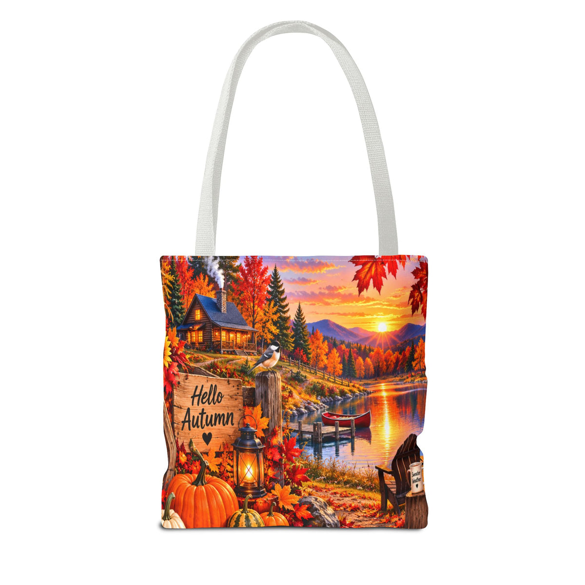 Autumn Lakeside Tote Bag — "Hello Autumn" Fall Cabin Sunset Design