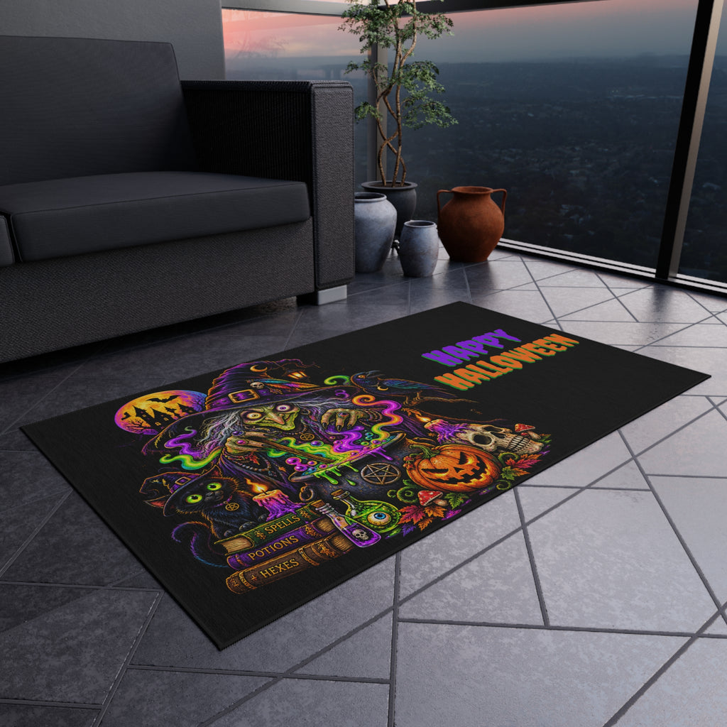 Halloween Witch Outdoor Rug — "Happy Halloween" Spooky Porch Mat
