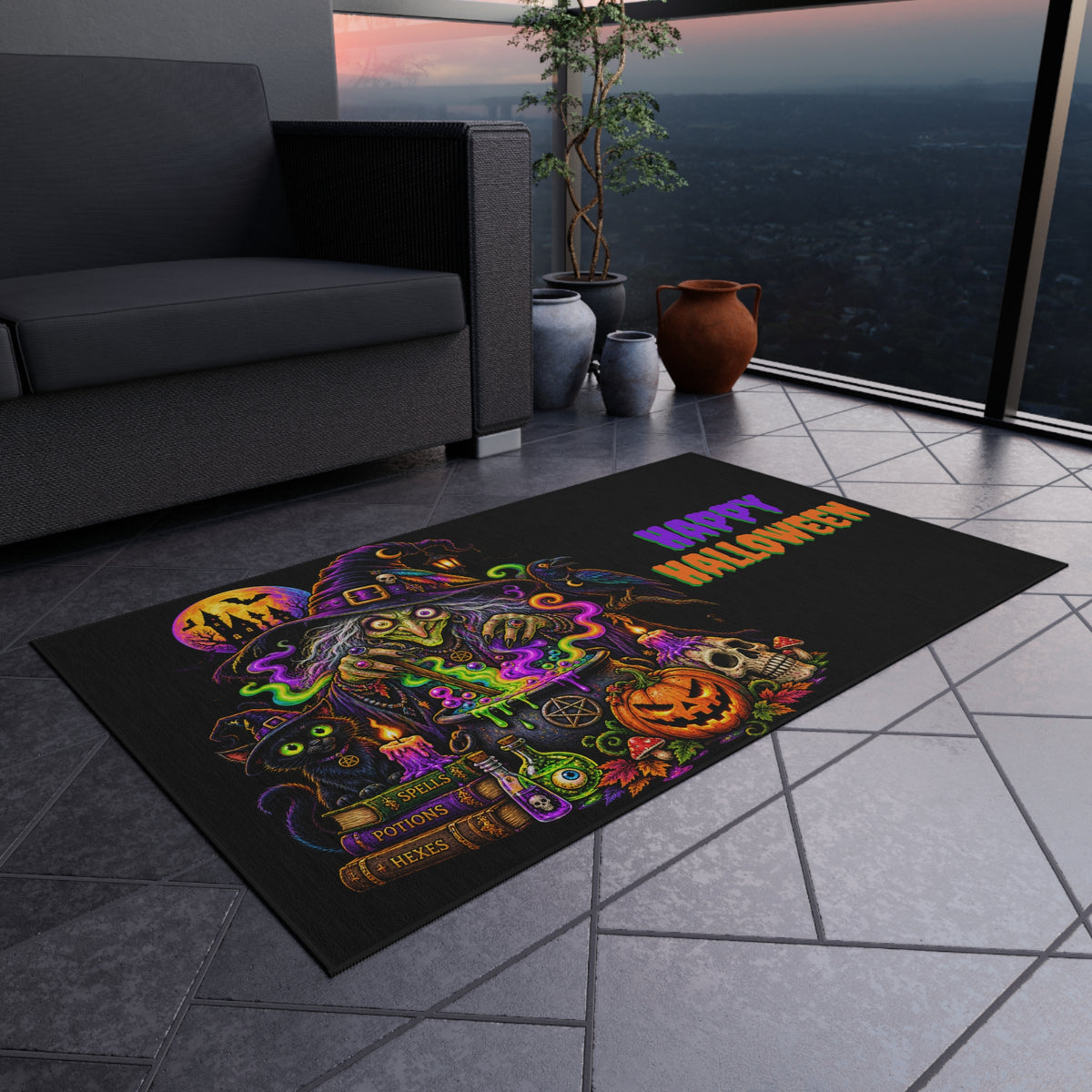 Halloween Witch Outdoor Rug — "Happy Halloween" Spooky Porch Mat