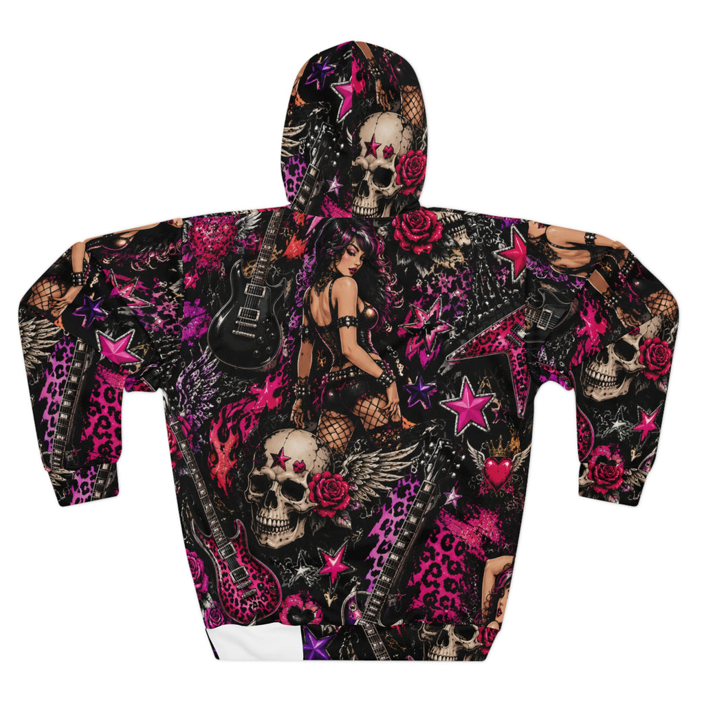 Rockabilly Skull & Rose Hoodie — All-Over Print Punk Pullover