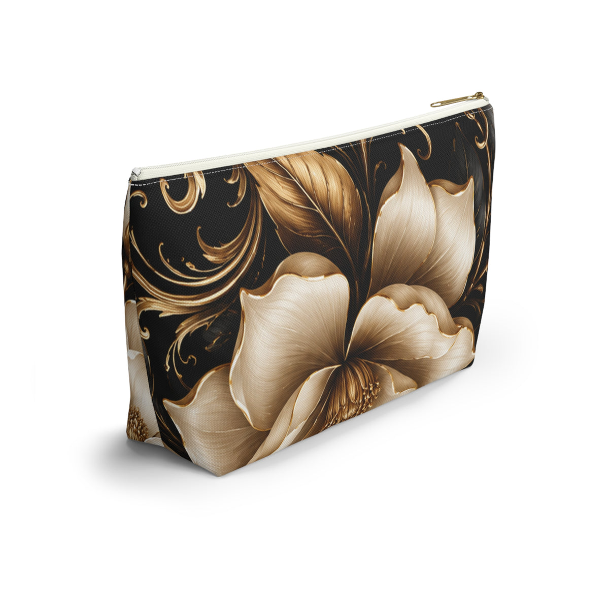 Floral Tapestry Accessory Pouch — Gold & Black Magnolia Makeup Bag