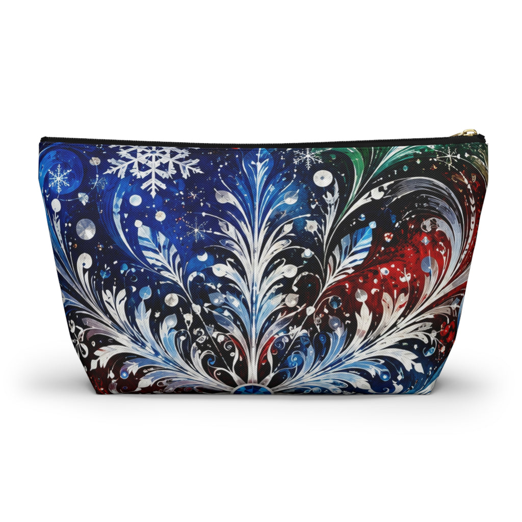 Winter Floral Accessory Pouch — Snowflake Cosmetic Bag with T-Bottom