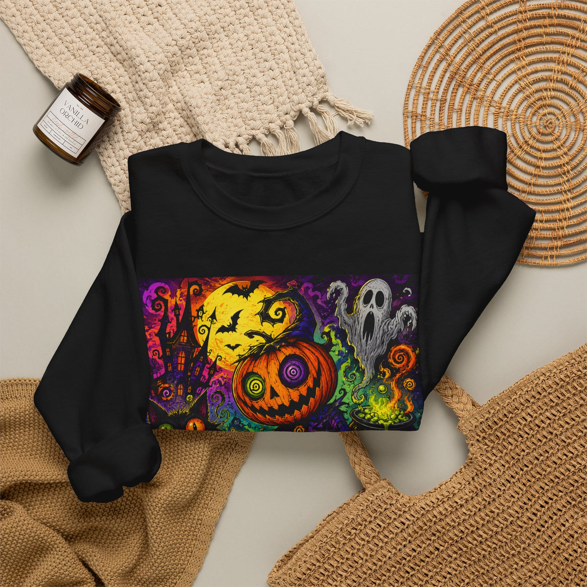 Halloween Pumpkin Crewneck Sweatshirt — Neon Spooky Skull & Ghosts Design
